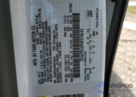 2017 Ford Fusion Se Hybrid from USA, damaged, VIN 3FA6P0LU0HR359645